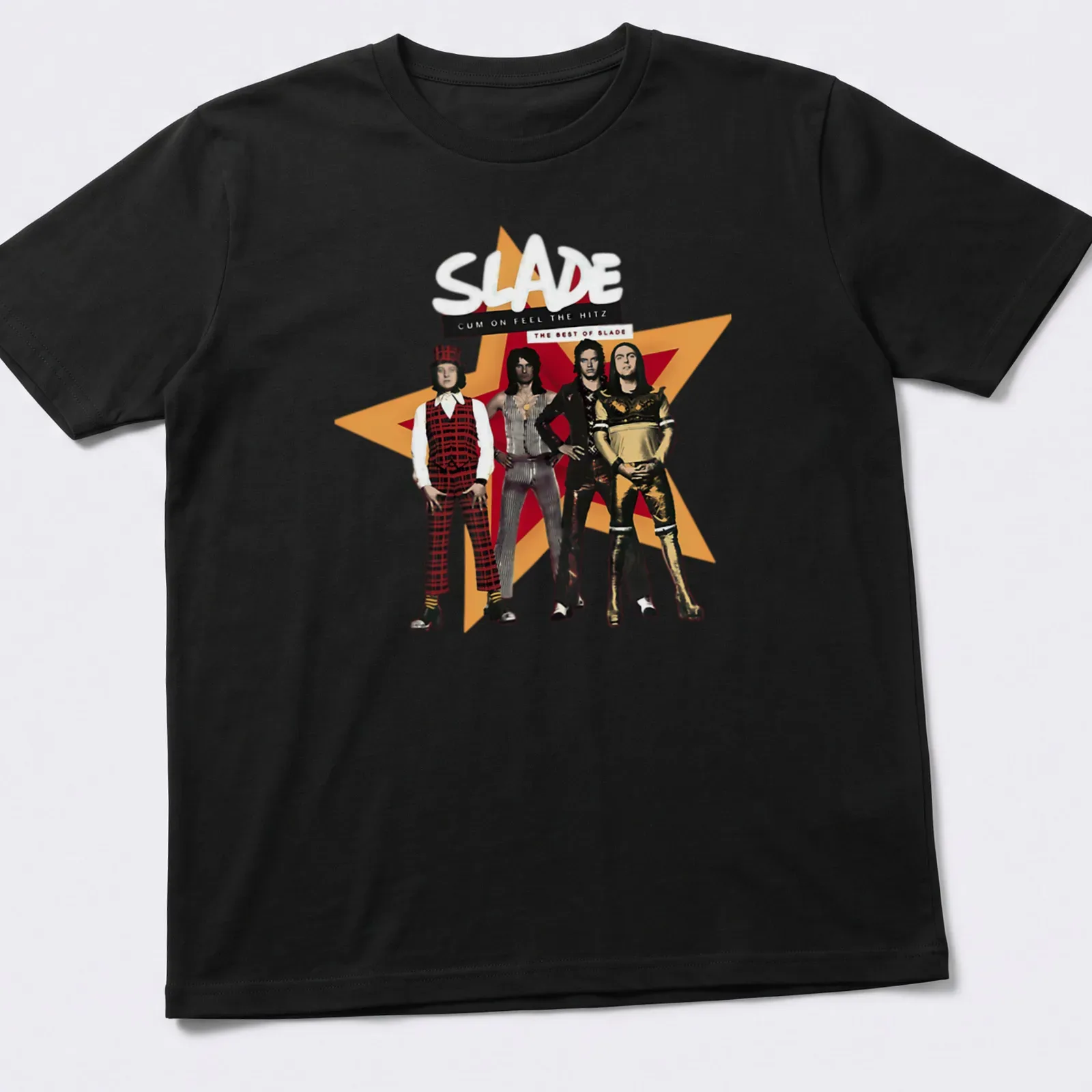 Vintage Slade band t-shirt featuring the text 'Cum On Feel The Hitz' with glam rock imagery — printed on a unisex t-shirt