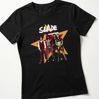 Vintage Slade band t-shirt featuring the text 'Cum On Feel The Hitz' with glam rock imagery — printed on a women's shirt