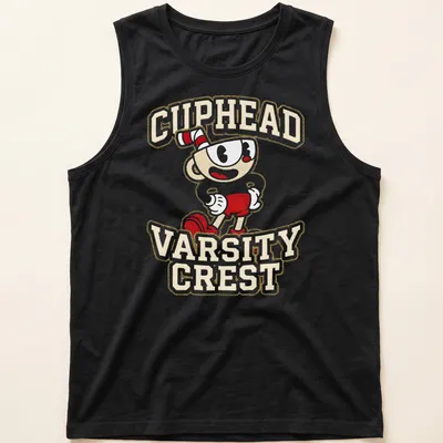 Cuphead Varsity Crest in bold typography on a gamer — printed on a tank top