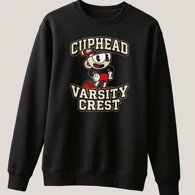 Cuphead Varsity Crest in bold typography on a gamer — printed on a unisex sweatshirt