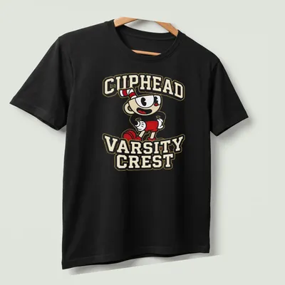 Cuphead Varsity Crest in bold typography on a gamer — printed on a unisex t-shirt (angled view)