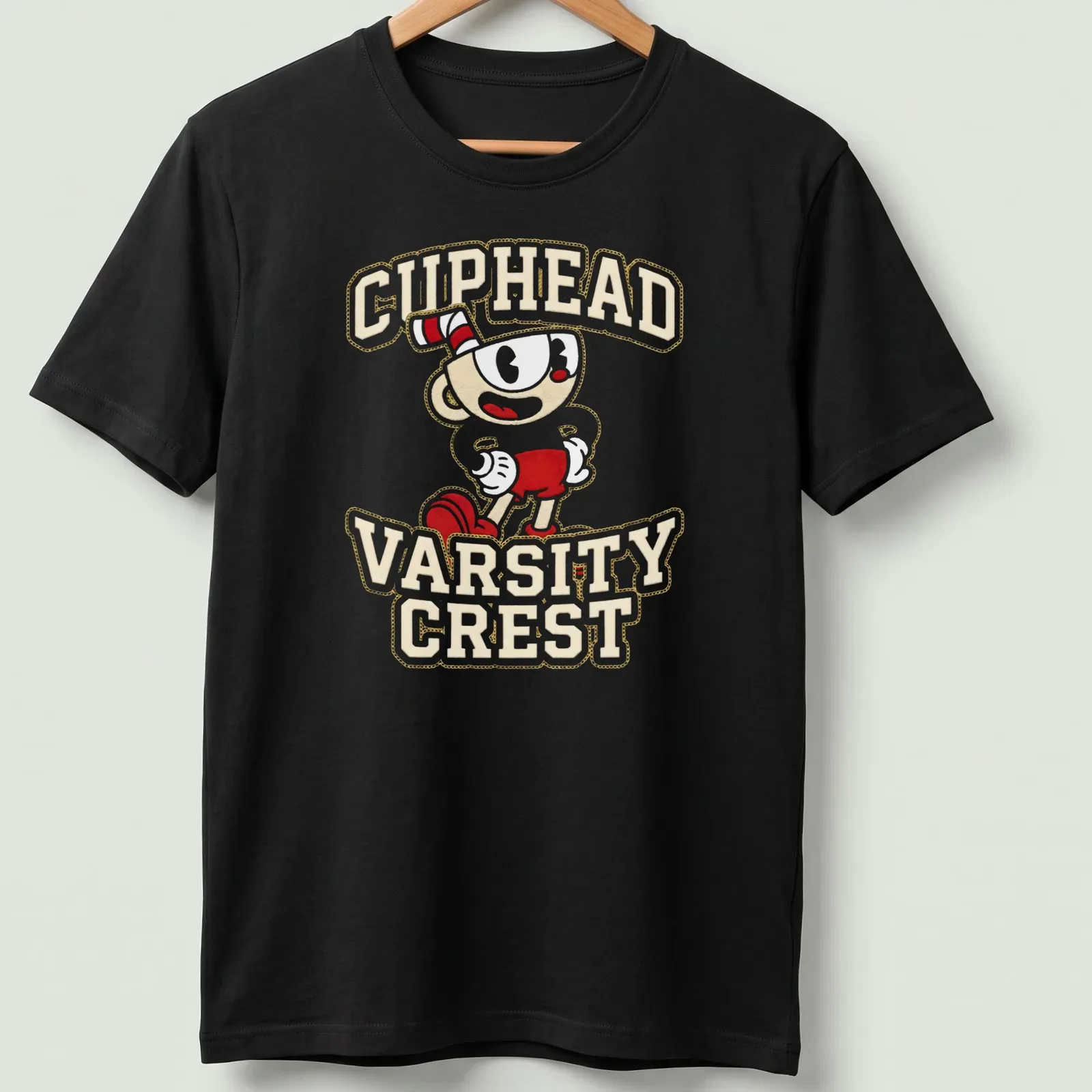 Cuphead Varsity Crest in bold typography on a gamer — printed on a unisex t-shirt