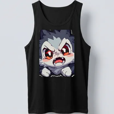 Chibi-style angry cat with red eyes in black, white, gray on a t-shirt. — printed on a tank top