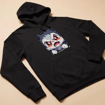 Chibi-style angry cat with red eyes in black, white, gray on a t-shirt. — printed on a unisex hoodie