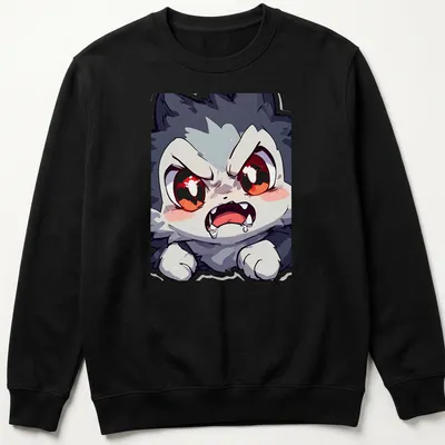 Chibi-style angry cat with red eyes in black, white, gray on a t-shirt. — printed on a unisex sweatshirt