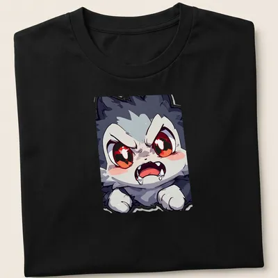 Chibi-style angry cat with red eyes in black, white, gray on a t-shirt.