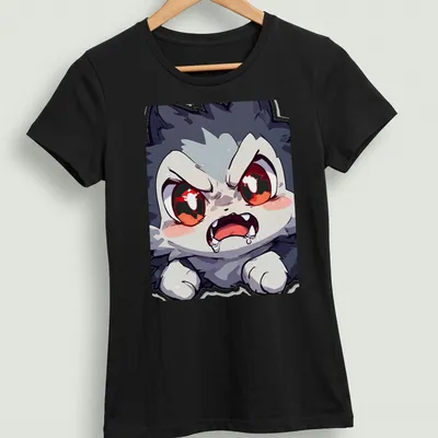 Chibi-style angry cat with red eyes in black, white, gray on a t-shirt. — printed on a women's shirt