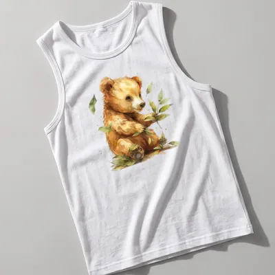Watercolor print of a cute bear cub holding green leaves, in soft colors — printed on a tank top