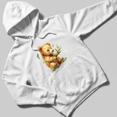 Watercolor print of a cute bear cub holding green leaves, in soft colors — printed on a unisex hoodie
