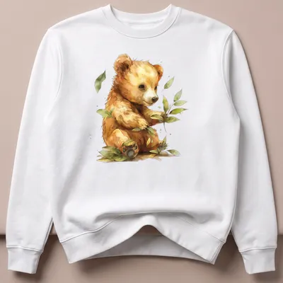 Watercolor print of a cute bear cub holding green leaves, in soft colors — printed on a unisex sweatshirt