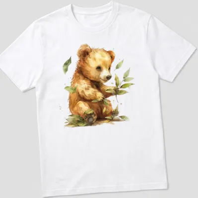 Watercolor print of a cute bear cub holding green leaves, in soft colors