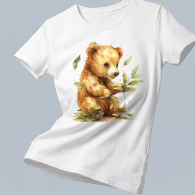 Watercolor print of a cute bear cub holding green leaves, in soft colors — printed on a women's shirt