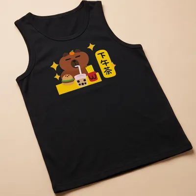 Kawaii print of a cute bear enjoying afternoon tea with pastries and colorful elements — printed on a tank top