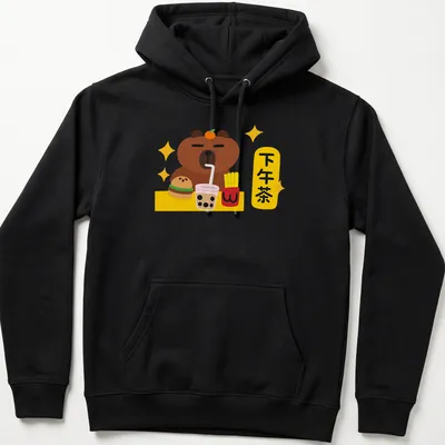 Kawaii print of a cute bear enjoying afternoon tea with pastries and colorful elements — printed on a unisex hoodie