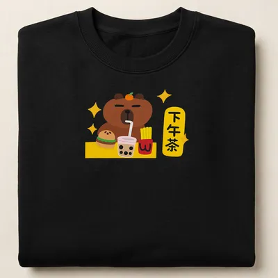 Kawaii print of a cute bear enjoying afternoon tea with pastries and colorful elements — printed on a unisex sweatshirt