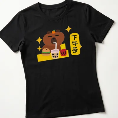 Kawaii print of a cute bear enjoying afternoon tea with pastries and colorful elements — printed on a women's shirt