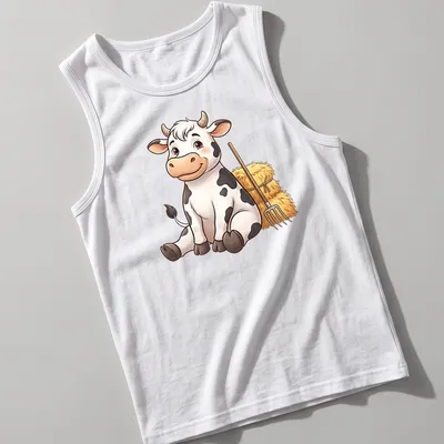 Cartoon cow with pitchfork, featuring a cute design in white, black, yellow, and brown. — printed on a tank top