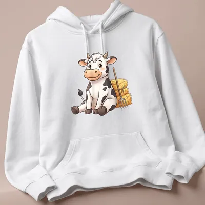 Cartoon cow with pitchfork, featuring a cute design in white, black, yellow, and brown. — printed on a unisex hoodie