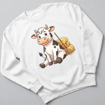 Cartoon cow with pitchfork, featuring a cute design in white, black, yellow, and brown. — printed on a unisex sweatshirt