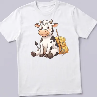 Cartoon cow with pitchfork, featuring a cute design in white, black, yellow, and brown. — printed on a unisex t-shirt
