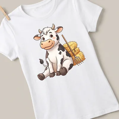 Cartoon cow with pitchfork, featuring a cute design in white, black, yellow, and brown. — printed on a women's shirt