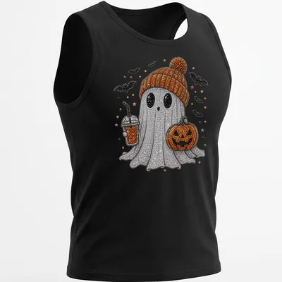 Bling graphic of a cute ghost with coffee and a pumpkin on Halloween — printed on a tank top