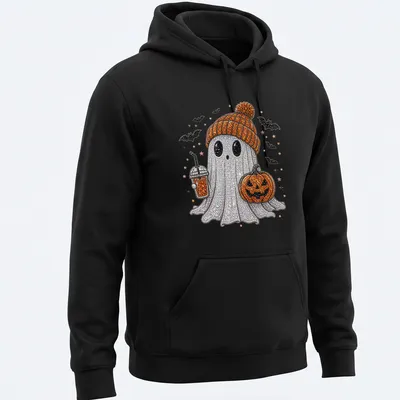 Bling graphic of a cute ghost with coffee and a pumpkin on Halloween — printed on a unisex hoodie
