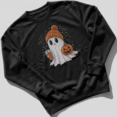 Bling graphic of a cute ghost with coffee and a pumpkin on Halloween — printed on a unisex sweatshirt
