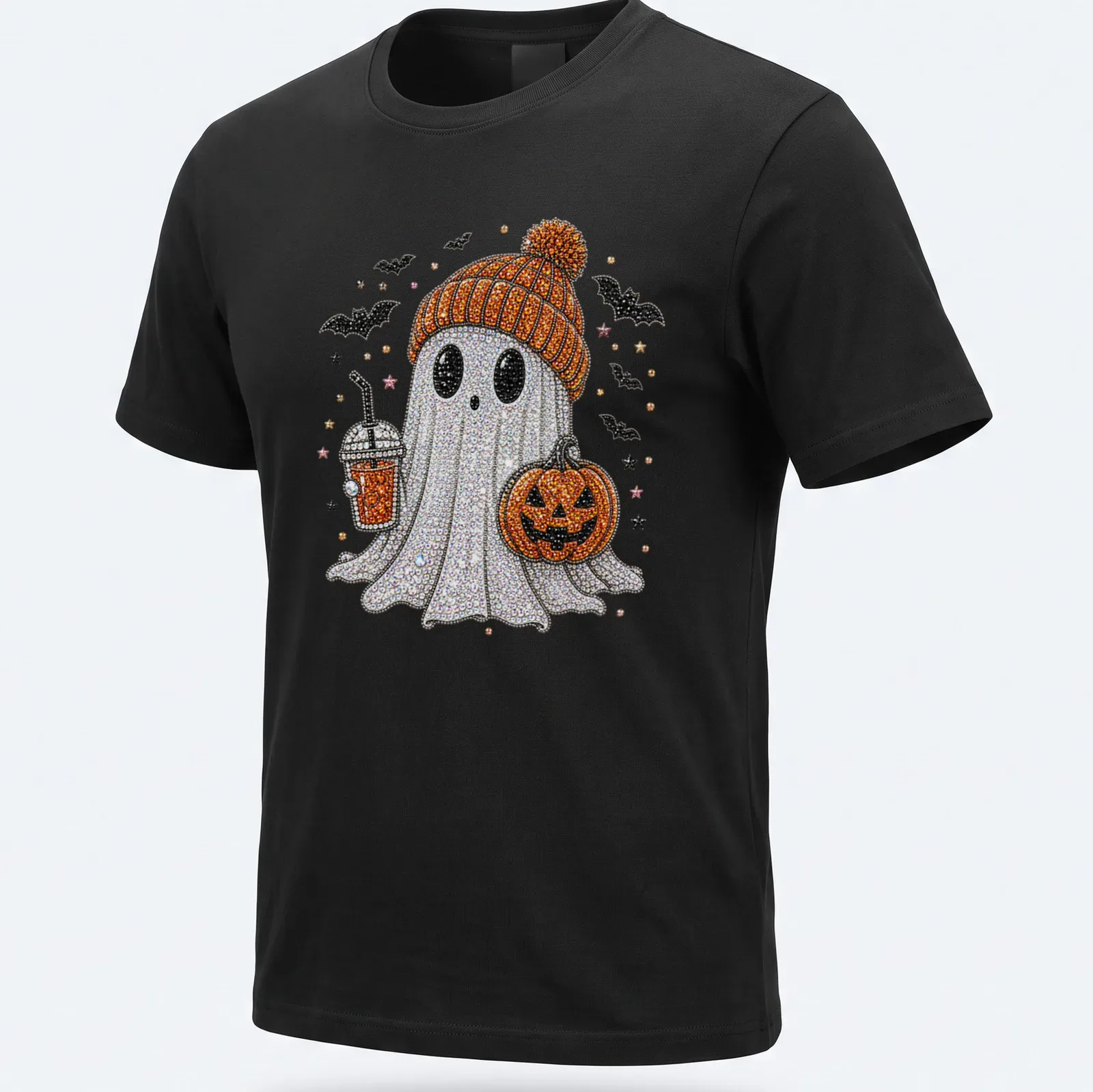 Bling graphic of a cute ghost with coffee and a pumpkin on Halloween — printed on a unisex t-shirt