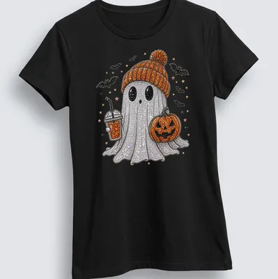 Bling graphic of a cute ghost with coffee and a pumpkin on Halloween — printed on a women's shirt