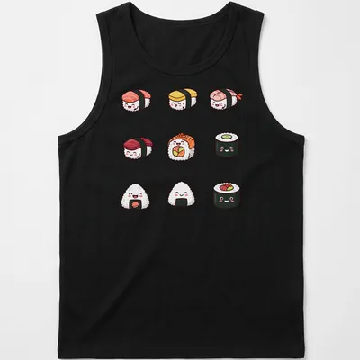 Chibi-style kawaii sushi characters in pink, yellow, green, and orange — printed on a tank top