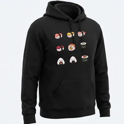 Chibi-style kawaii sushi characters in pink, yellow, green, and orange — printed on a unisex hoodie