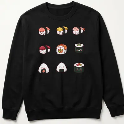 Chibi-style kawaii sushi characters in pink, yellow, green, and orange — printed on a unisex sweatshirt