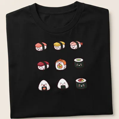 Chibi-style kawaii sushi characters in pink, yellow, green, and orange