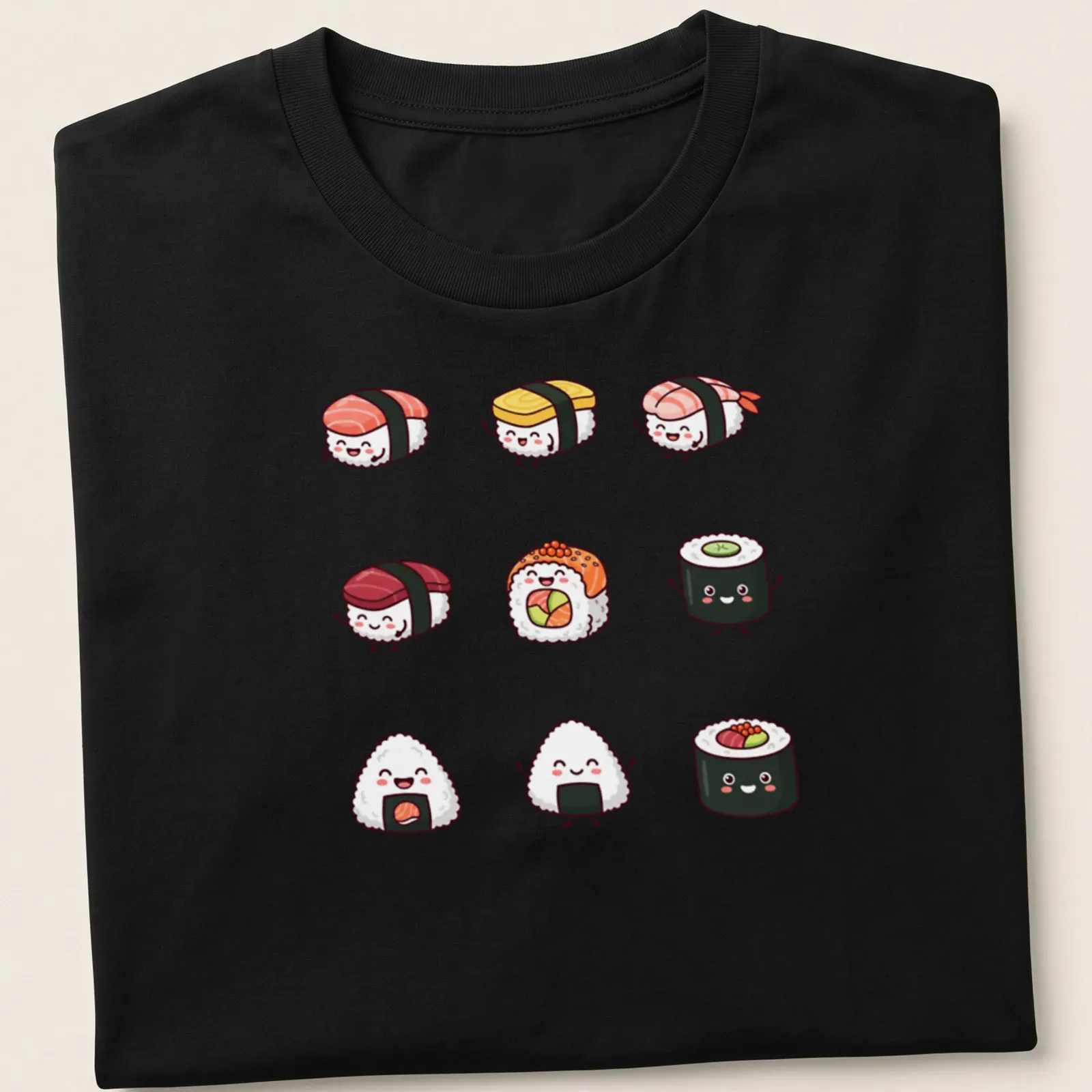 Chibi-style kawaii sushi characters in pink, yellow, green, and orange — printed on a unisex t-shirt