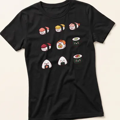 Chibi-style kawaii sushi characters in pink, yellow, green, and orange — printed on a women's shirt