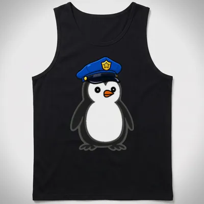 Cartoon penguin dressed as a police officer in black, white, blue and orange. — printed on a tank top