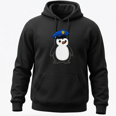 Cartoon penguin dressed as a police officer in black, white, blue and orange. — printed on a unisex hoodie