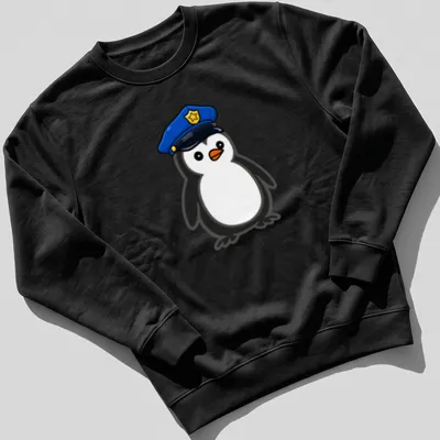 Cartoon penguin dressed as a police officer in black, white, blue and orange. — printed on a unisex sweatshirt