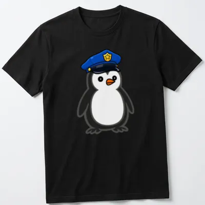 Cartoon penguin dressed as a police officer in black, white, blue and orange.