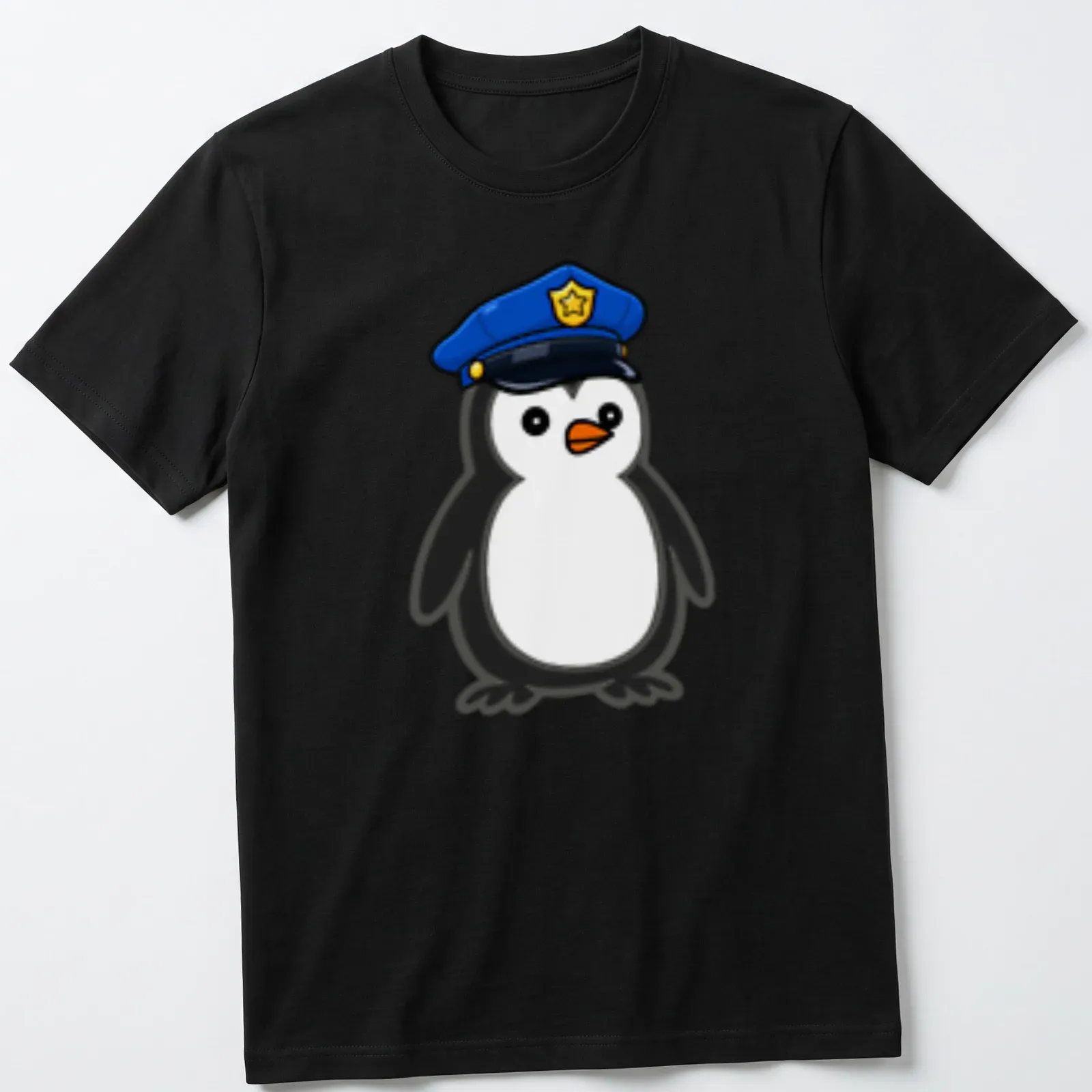 Cartoon penguin dressed as a police officer in black, white, blue and orange. — printed on a unisex t-shirt