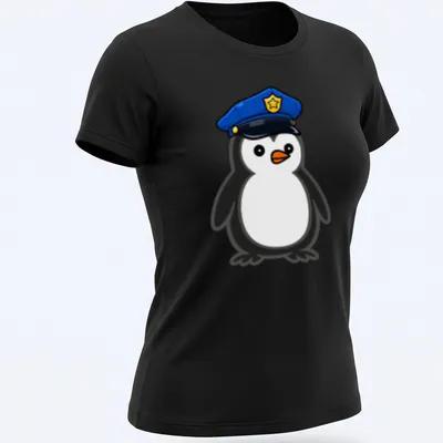 Cartoon penguin dressed as a police officer in black, white, blue and orange. — printed on a women's shirt