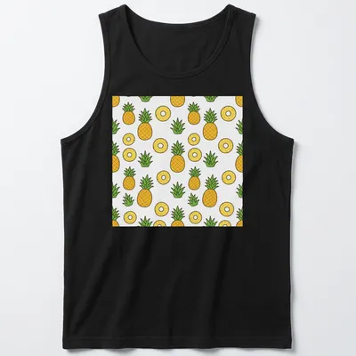 Kawaii pattern of cute pineapples in yellow and green on white. — printed on a tank top