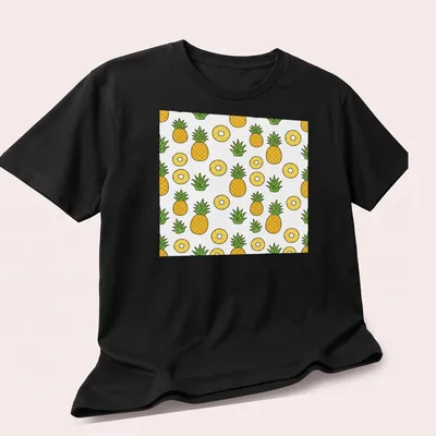 Kawaii pattern of cute pineapples in yellow and green on white. — printed on a unisex t-shirt (angled view)