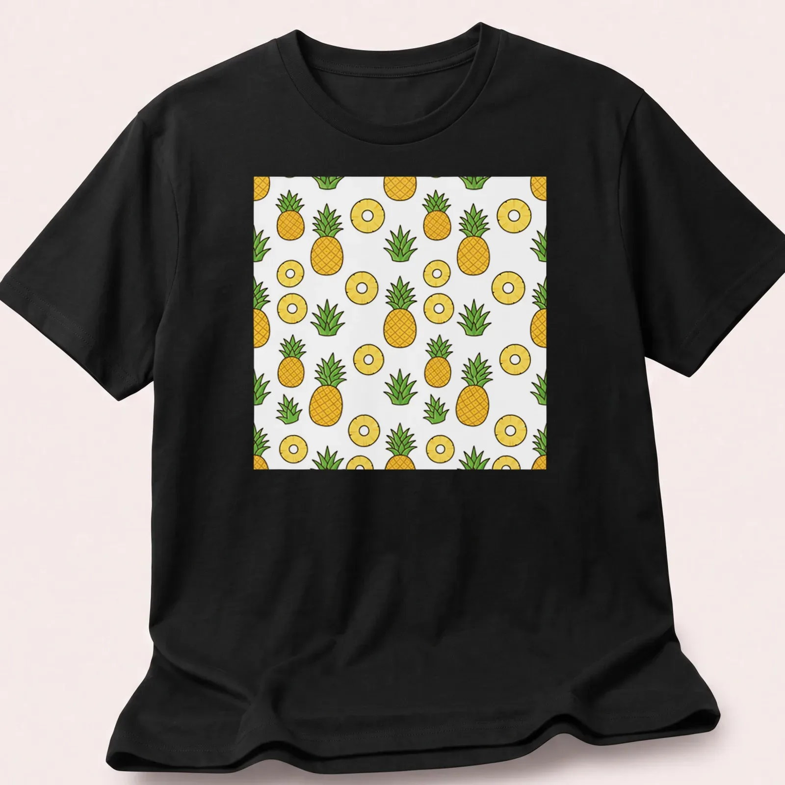 Kawaii pattern of cute pineapples in yellow and green on white. — printed on a unisex t-shirt