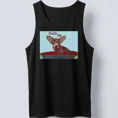 Whimsical illustration of a Chihuahua with the text 'Cutie Pie' in brown and cream colors — printed on a tank top