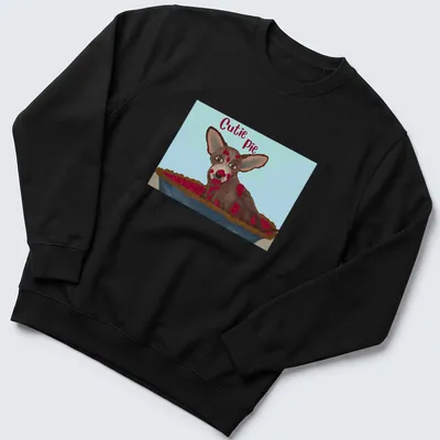Whimsical illustration of a Chihuahua with the text 'Cutie Pie' in brown and cream colors — printed on a unisex sweatshirt