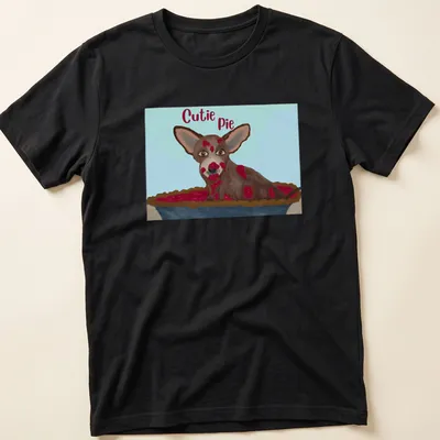 Whimsical illustration of a Chihuahua with the text 'Cutie Pie' in brown and cream colors