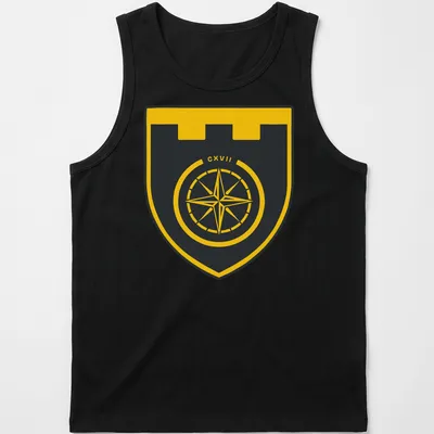 Modern emblem of a compass shield with CXVII in black and yellow — printed on a tank top