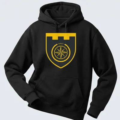 Modern emblem of a compass shield with CXVII in black and yellow — printed on a unisex hoodie